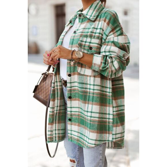 Azura Exchange  Green Plaid Flap Pocket Long Sleeve Shacket - Picture 1 of 7